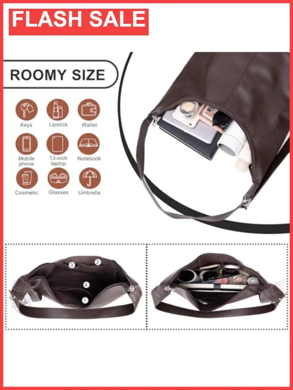 Slouchy Hobo Bag Vegan Leather Shoulder Tote Purse with Zipper
